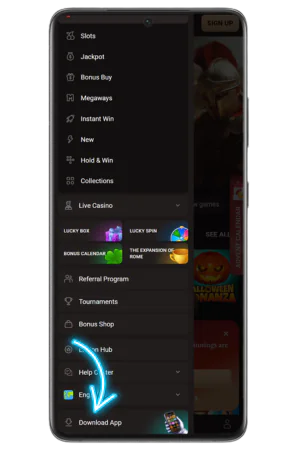 LegionBet download menu showing Casino games and APK option
